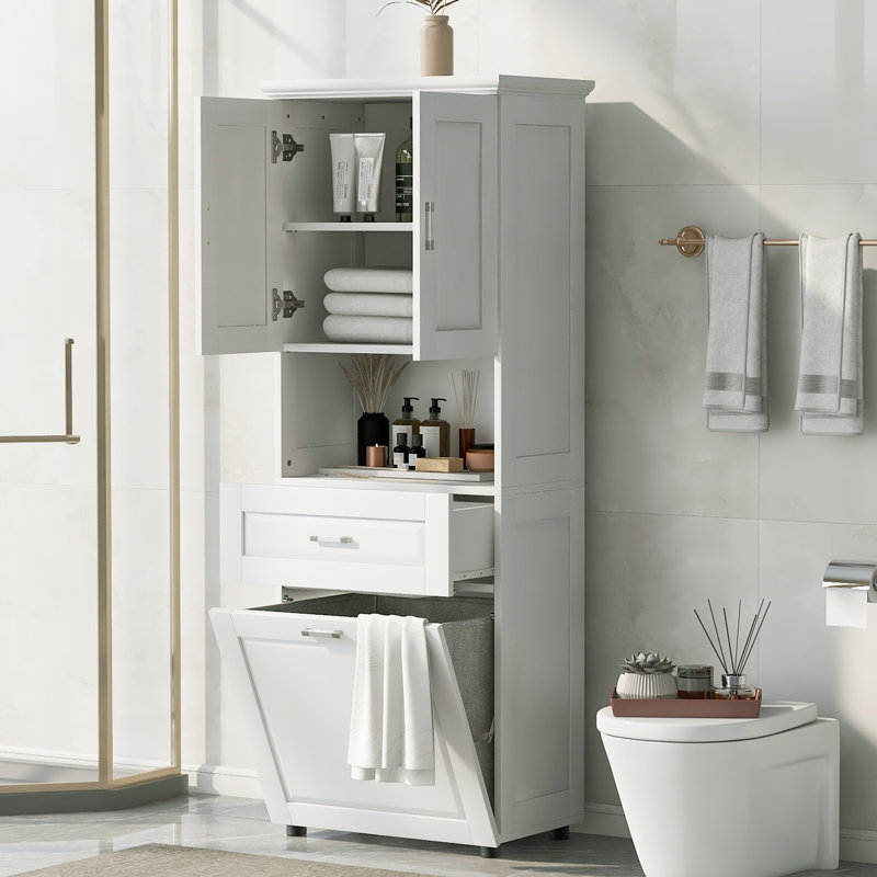 Hokku Designs Kohin Tall White Bathroom Cabinet with Large Storage Space Tilt Out Laundry Hamper Shelves Wayfair